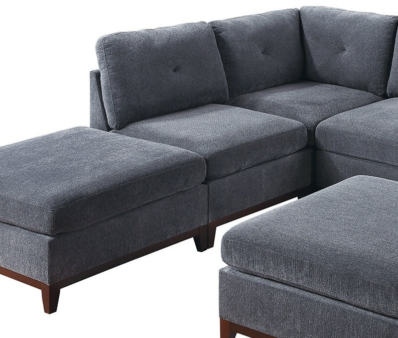 Ash Grey Chenille Fabric Modular Sectional 7pc Set Living Room Furniture U-Sectional Couch 2x Corner Wedge 3x Armless Chairs and 2x Ottomans Tufted Back Wooden Base