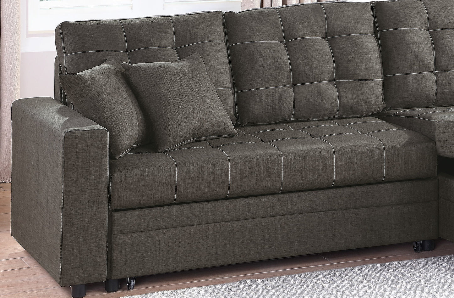 Convertible Sectional Pull Out Bed Sofa Chaise with Reversible Storage, Ash Black Polyfiber Tufted Couch Lounge - Various Sizes Available