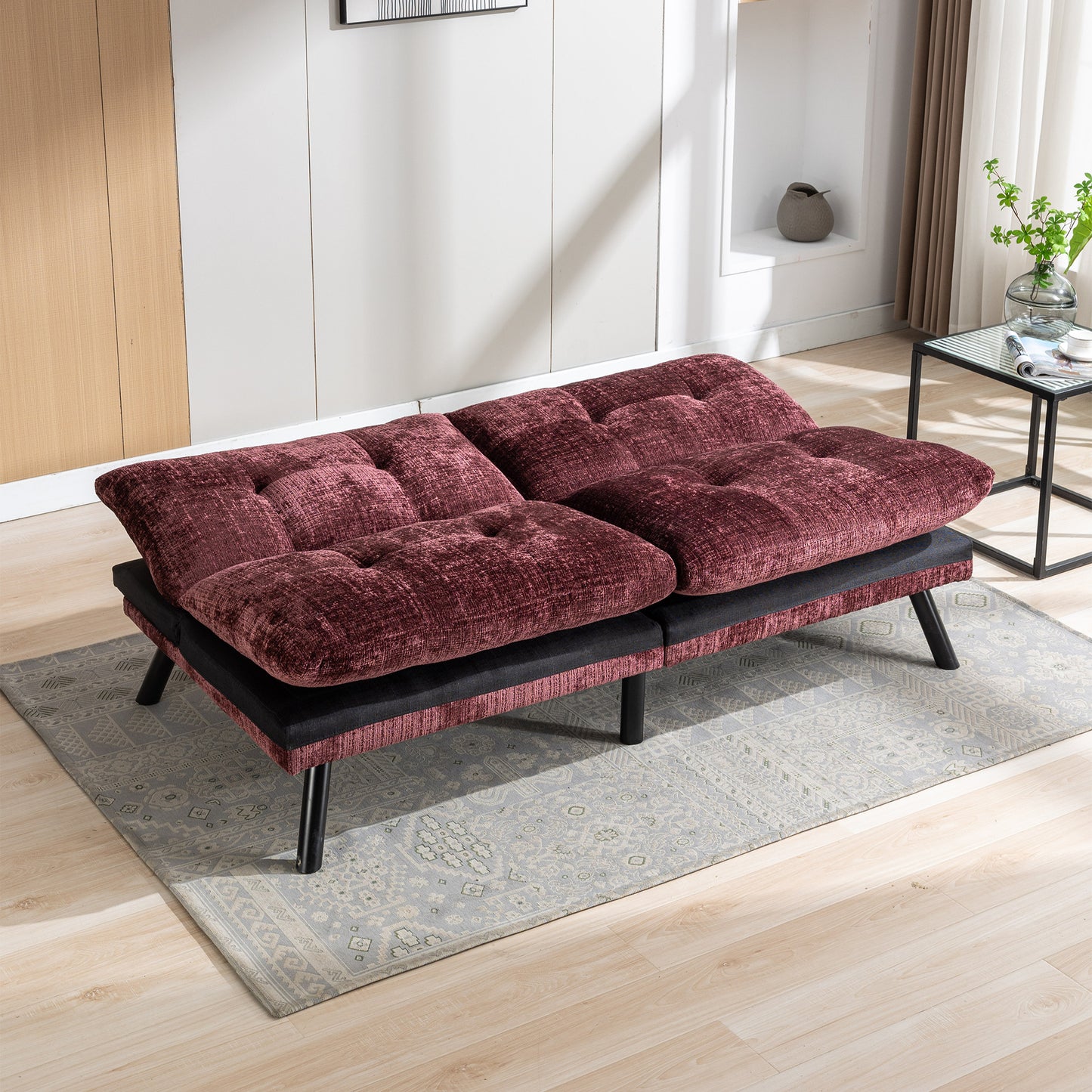 Convertible Sofa Bed Loveseat Futon: Adjustable Lounge Couch, Metal Legs, Chenille Wine Red