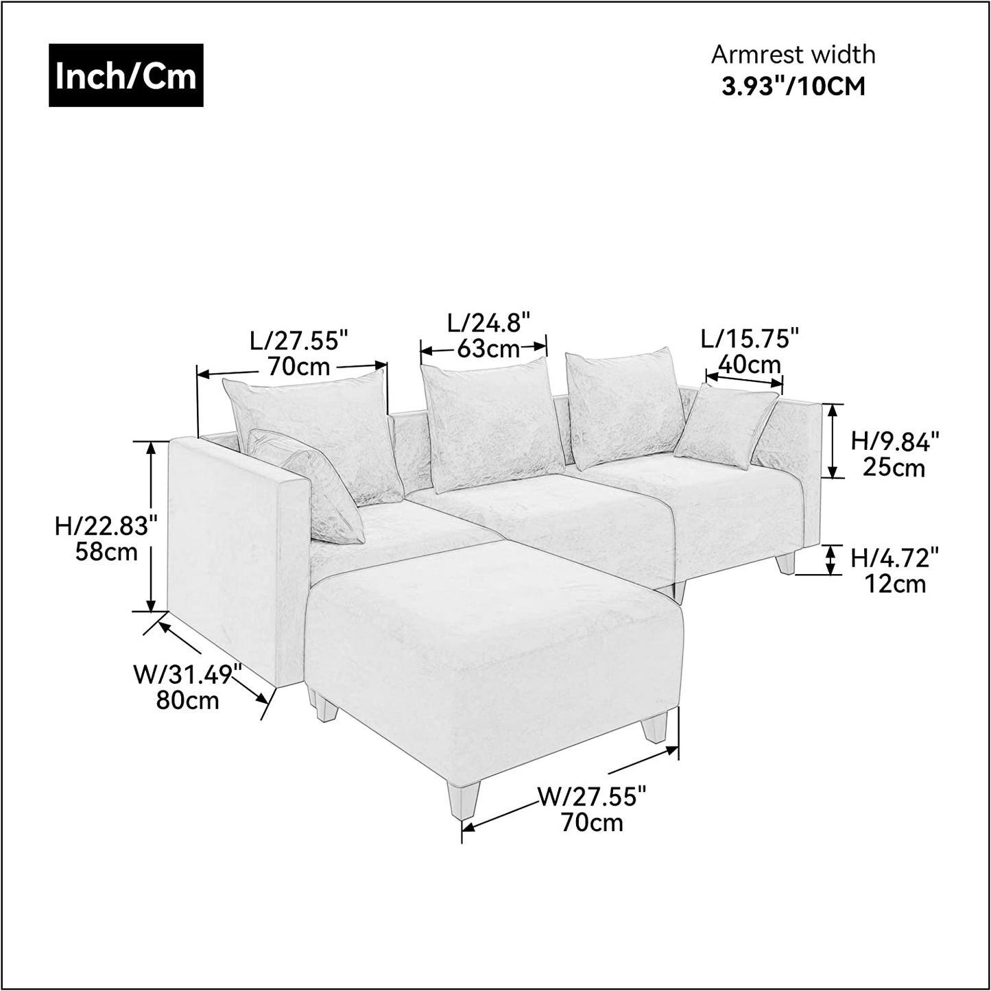 Sectional Sofa: Small L Shape Modular Couch with 6 Pillows for Living Room - Grey