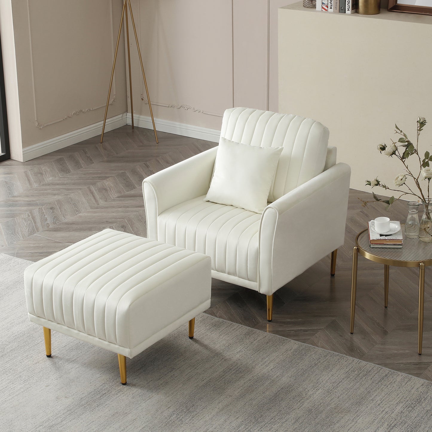 Contemporary Velvet Accent Chair & Ottoman Set with Deep Channel Tufting - Cream Upholstery