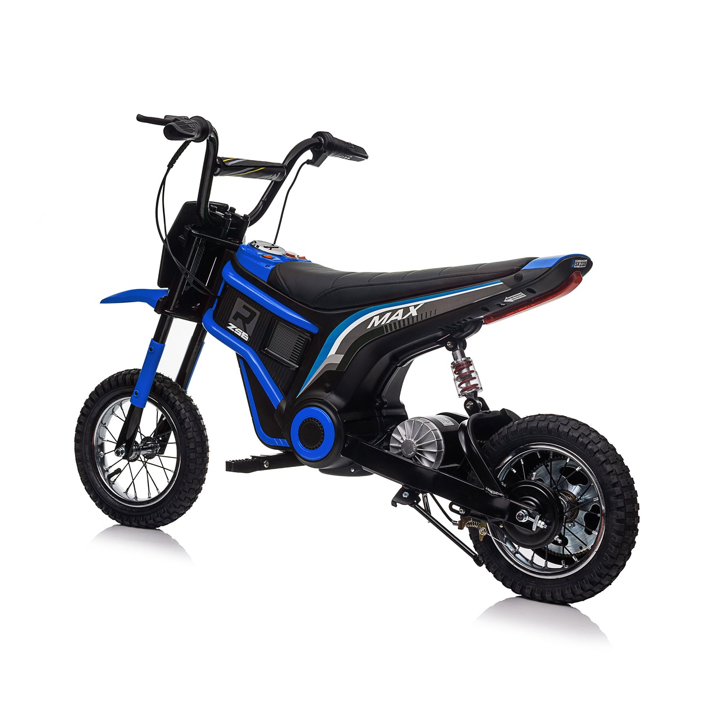 Kids Ride On 24V Electric Toy Motocross Motorcycle Dirt Bike - XXL Large, Age 8-12, Speeds up to 14.29MPH, Dual Suspension, Hand-Operated Dual Brakes, Twist Grip Throttle, Authentic Motocross Bike Geometry, Red & Blue.