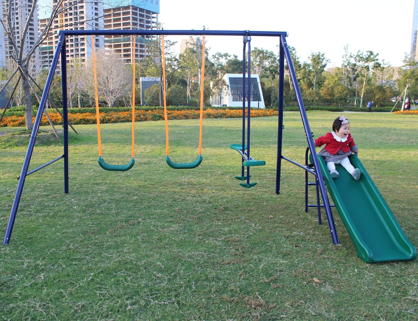 A-Frame Metal Swing Set with Slide: Durable Outdoor Play Equipment for Kids - Blue, Green, Orange Color Options