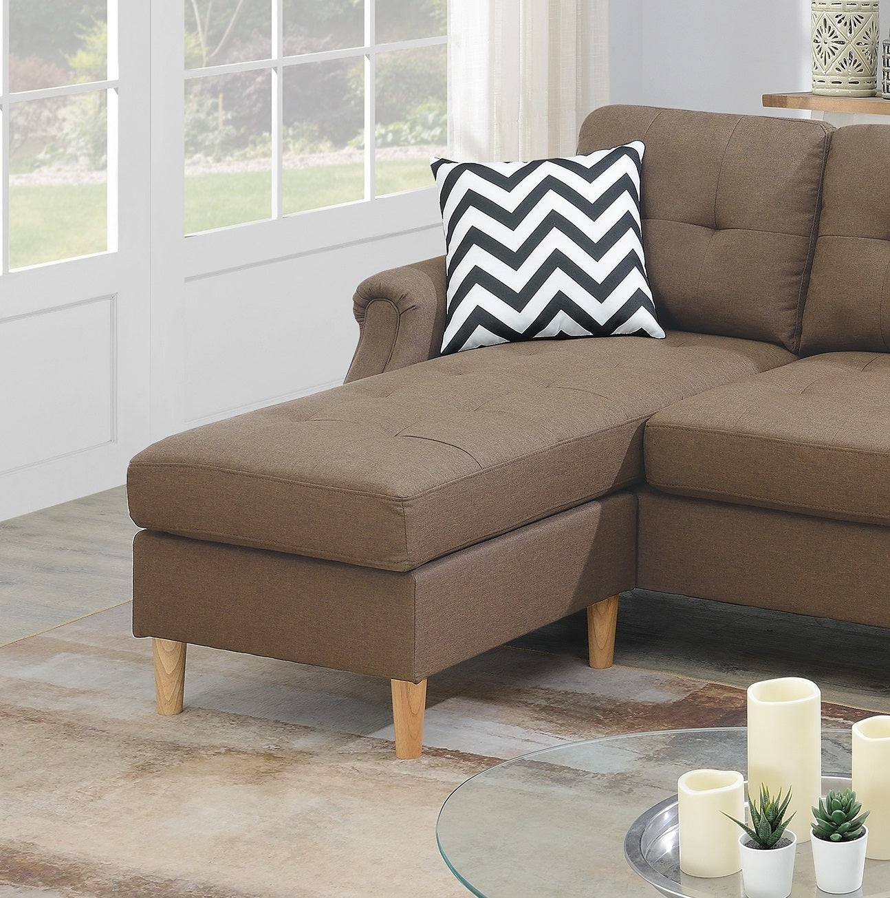 Living Room Corner Sectional Light Coffee Polyfiber Chaise Sofa - Reversible, Comfortable, & Stylish - Available in Various Sizes