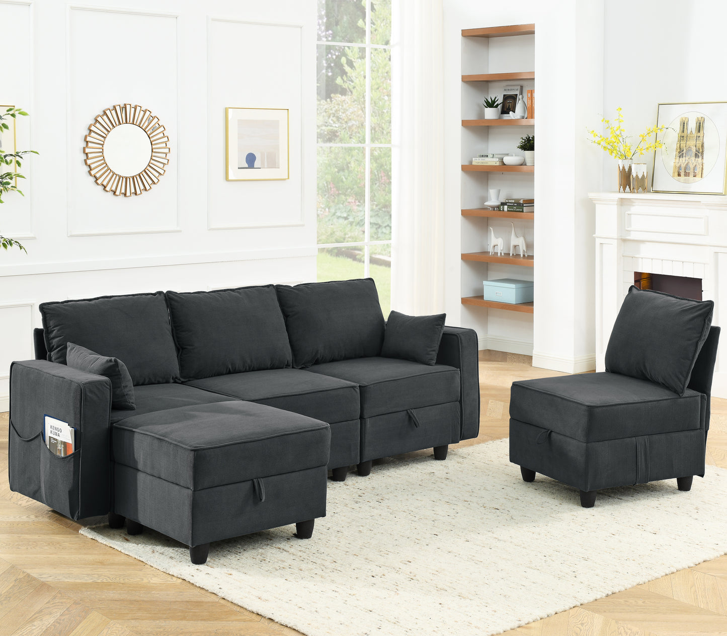 High-end Modular Sofa Couch, 5 Seat Sectional Sofa set for Living Room, Dark Gray Corduroy Velvet, Spring Cushions