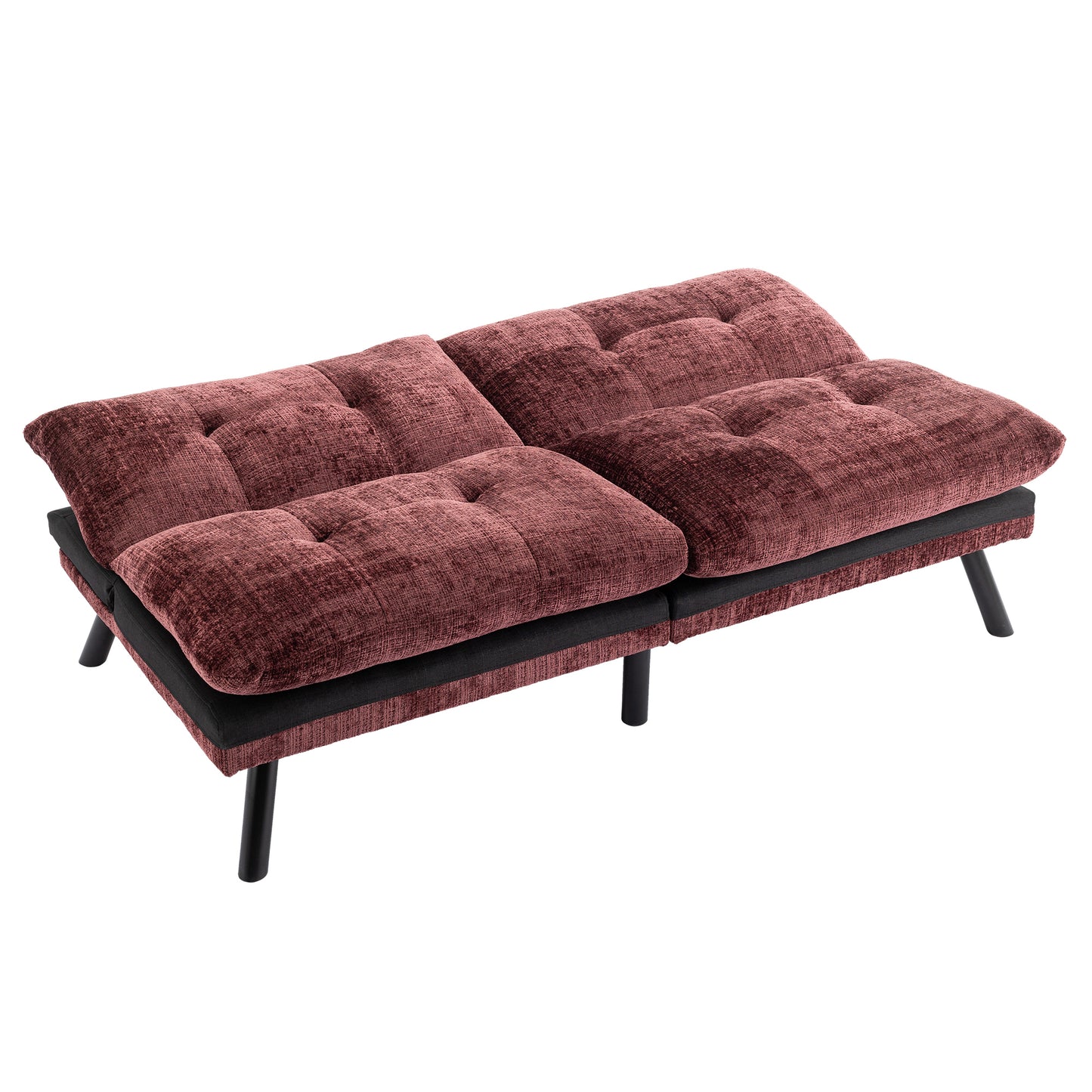 Convertible Sofa Bed Loveseat Futon: Adjustable Lounge Couch, Metal Legs, Chenille Wine Red