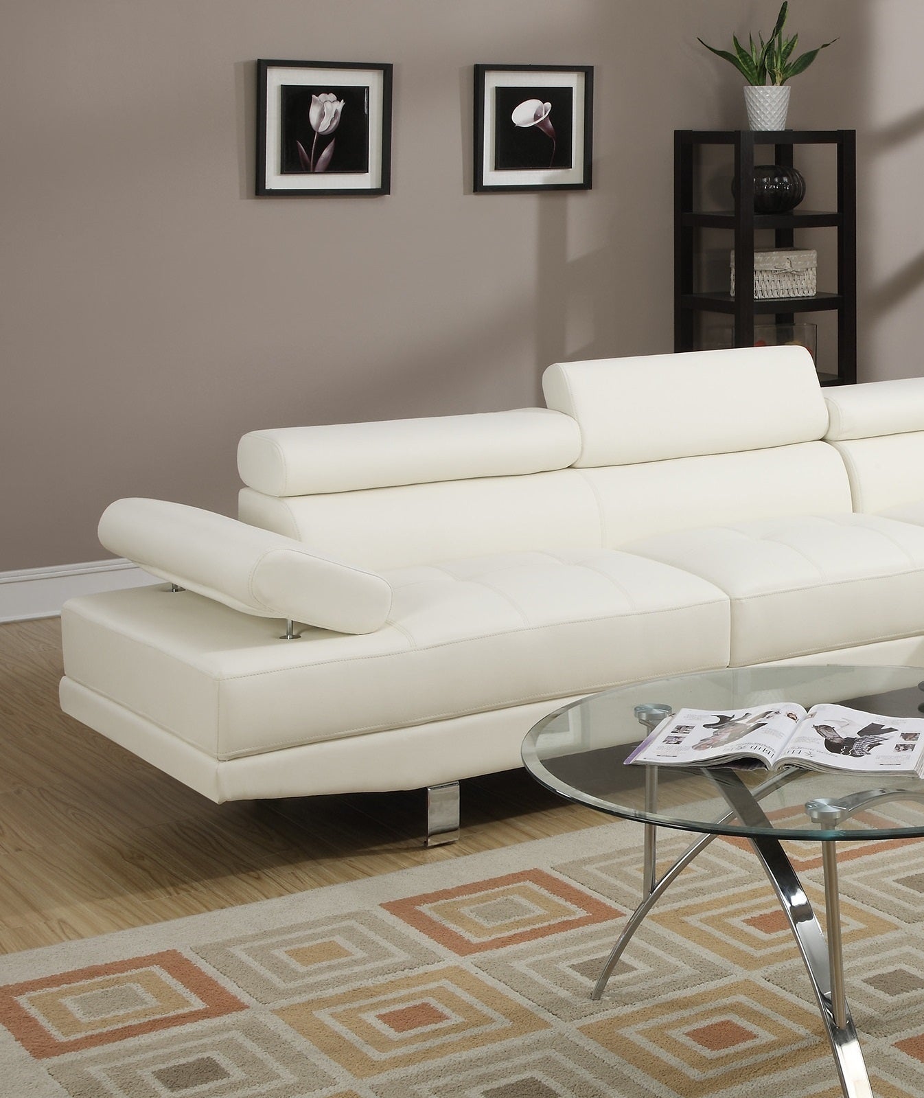 White Faux Leather Sectional Living Room Furniture with Adjustable Headrest - Right Facing Chaise & Left Facing Sofa (Color: White, Size: Sectional)