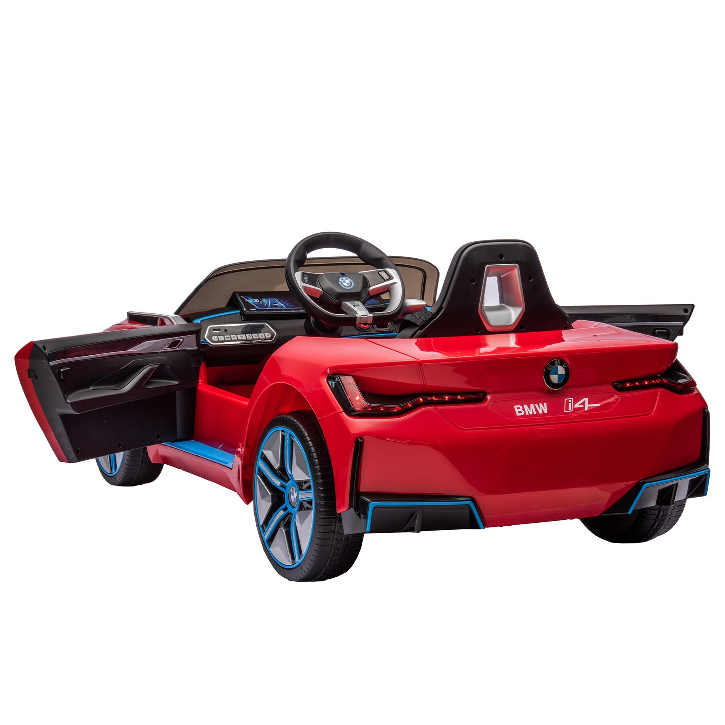 Licensed BMW I4 12V Kids Ride-On Car: Remote Control, 3 Speeds, Power Display, USB, MP3, Bluetooth, LED Lights, Safety Belt, Story