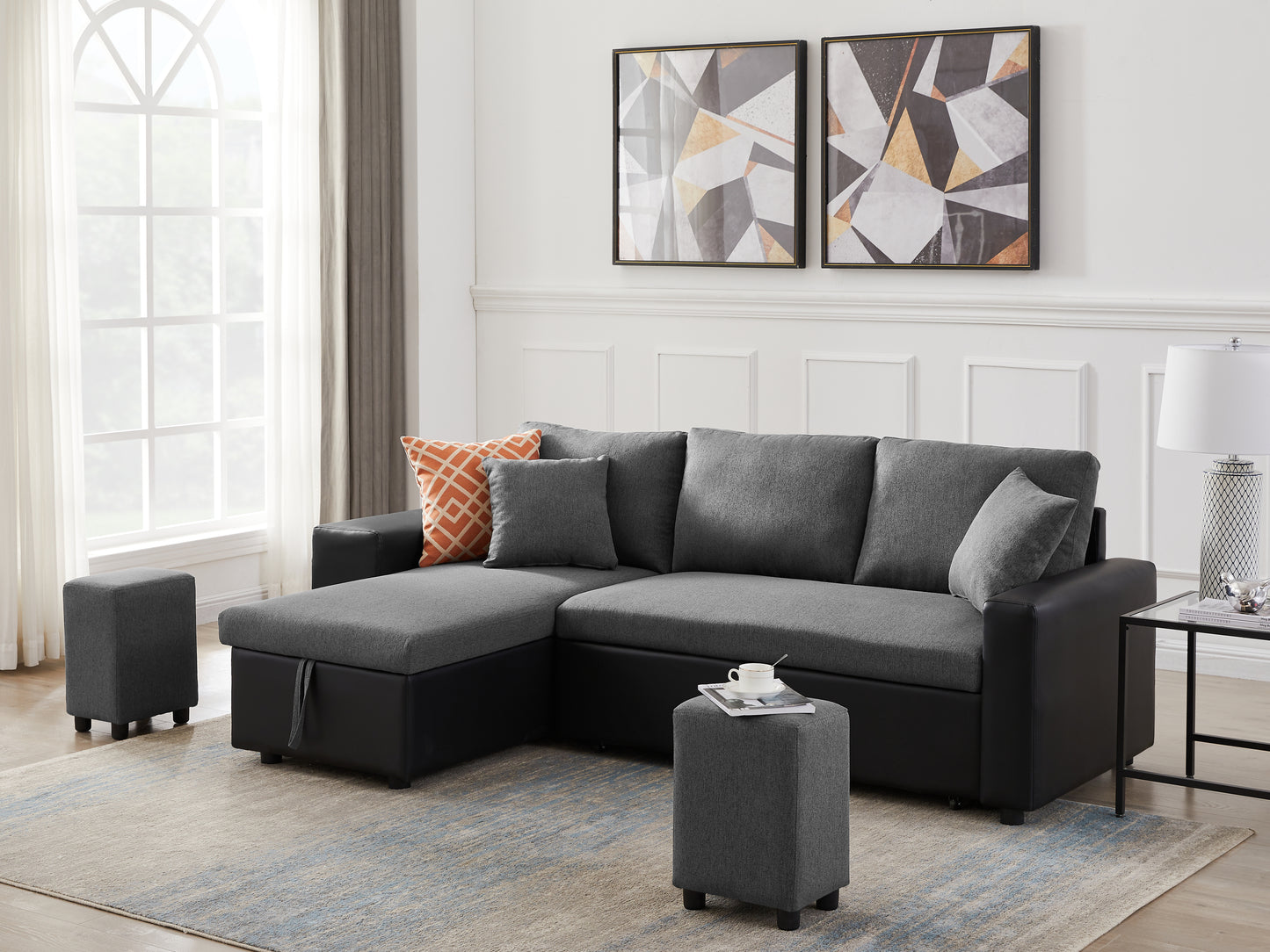 Linen Reversible Sleeper Sectional Sofa with Storage: Artemax 92.5" - Steel Gray, Includes 2 Stools