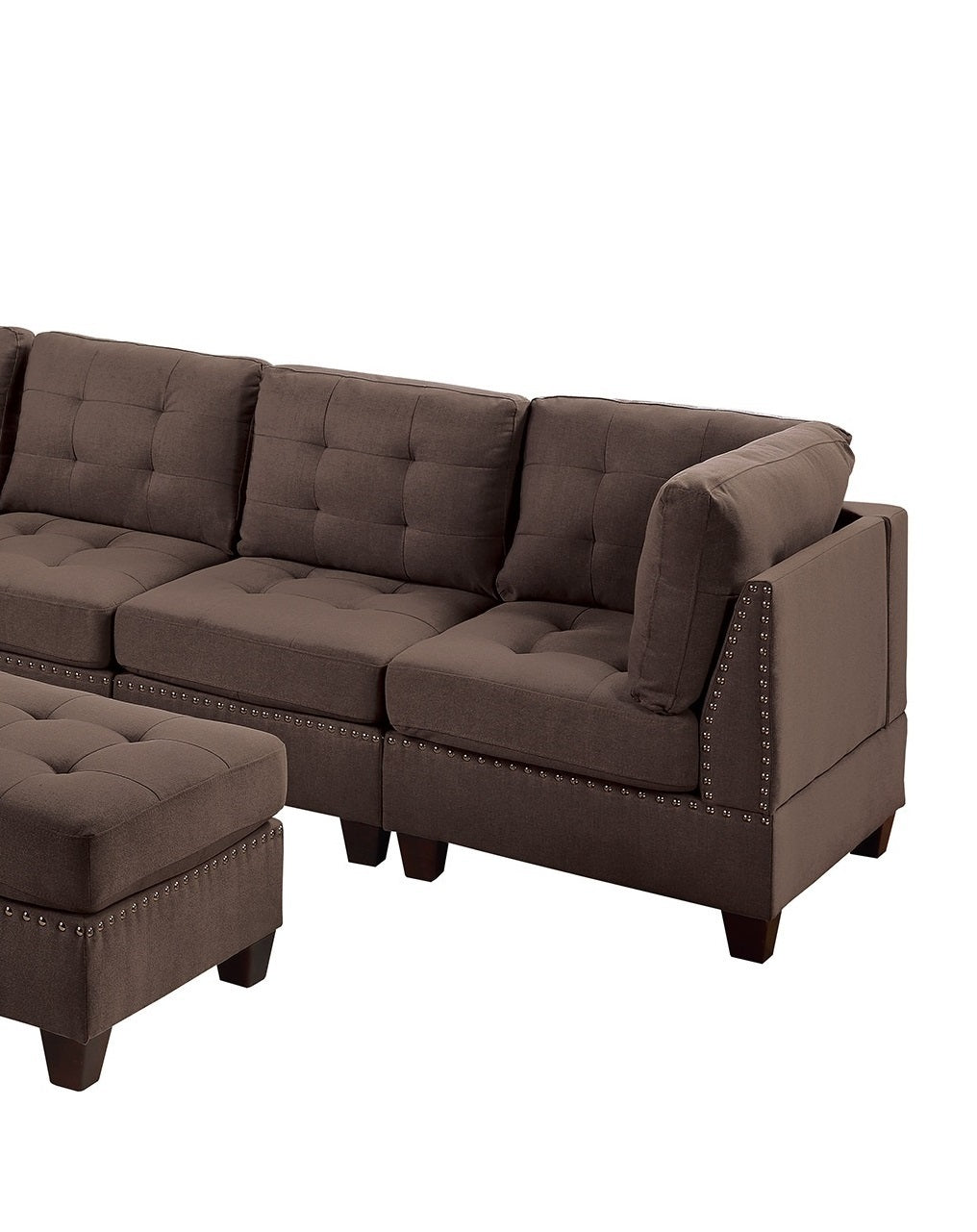 Contemporary Modular Sectional 7pc Set: Black Coffee Linen Like Fabric, Tufted Nail heads, Corner L-Sectional, 2x Corner Wedge, 3x Armless Chair, 2x Ottoman