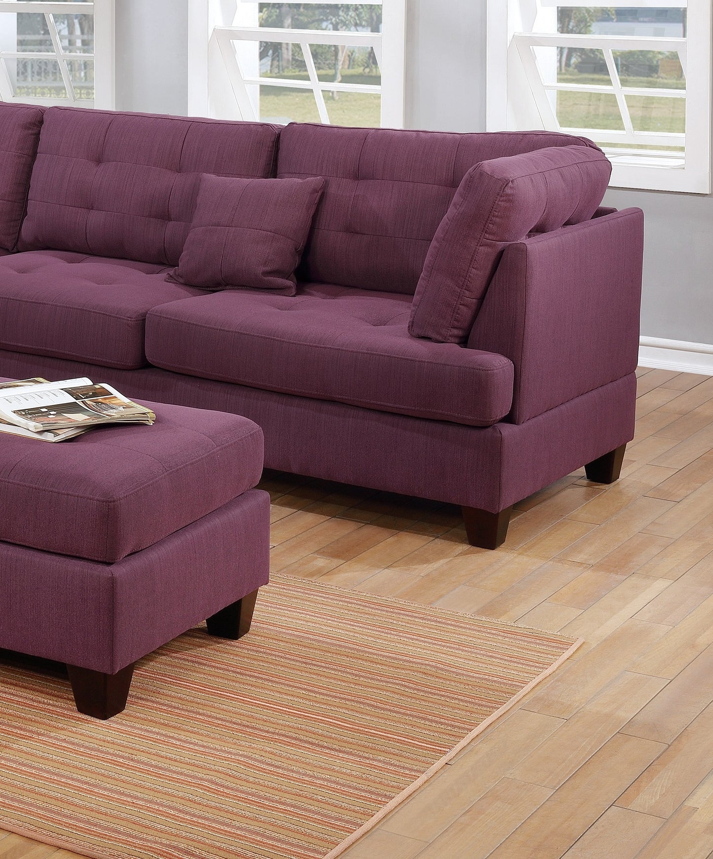 Living Room Furniture: Reversible Sectional Sofa, Warm Purple 3pc Set, Polyfiber Couch