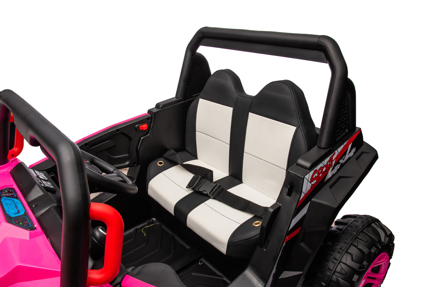 12V7A*1 30W*4 Four-Wheel Drive Leather Seat: One-Button Start, Forward and Backward, High and Low Speed, Music, Front Light, Power Display, 2.4G R/C, Seat Belt, Four-Wheel Absorber