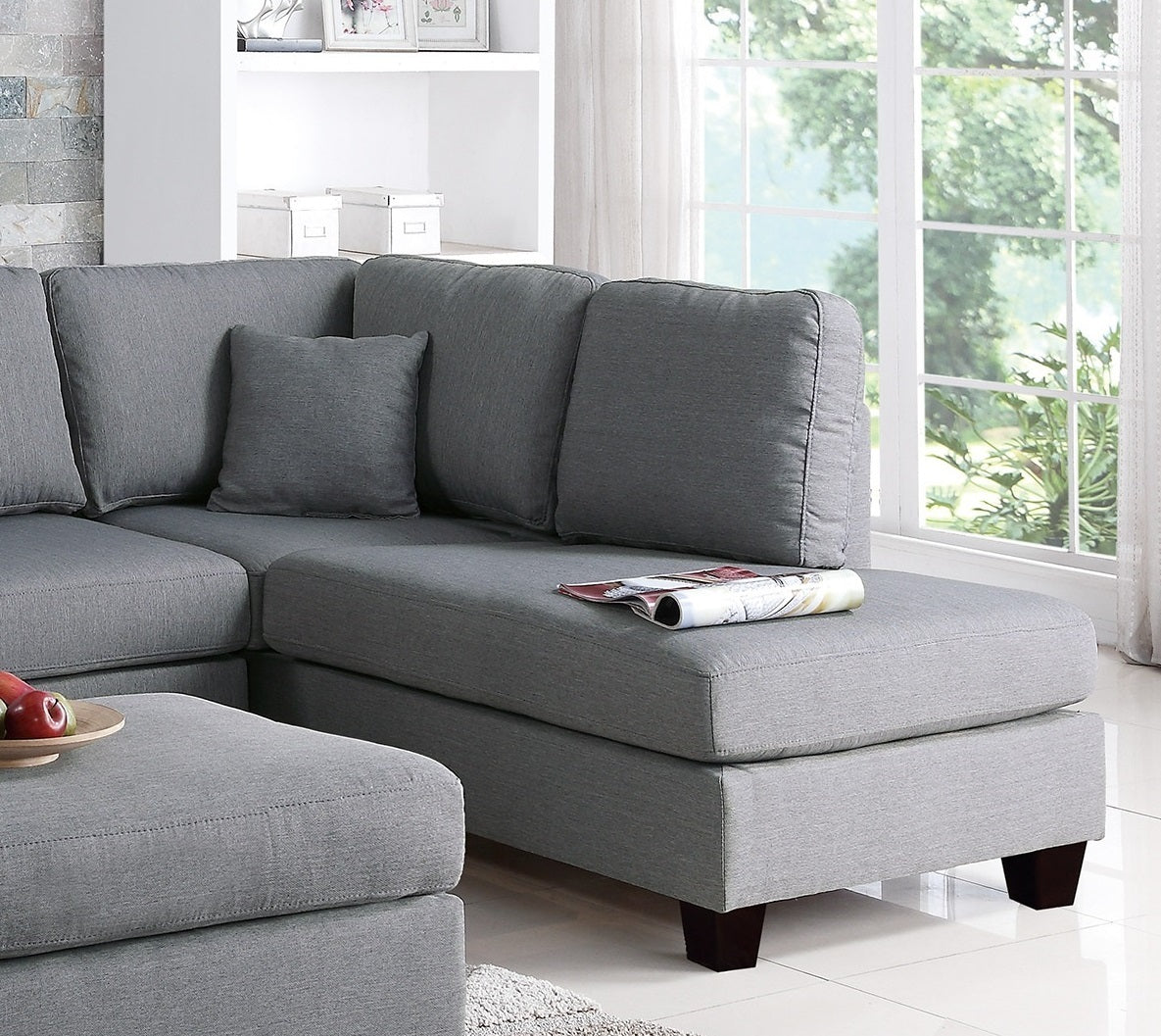 Grey Color 3pcs Sectional Living Room Furniture: Reversible Chaise Sofa, Ottoman, Polyfiber Linen Like Fabric Cushion Couch