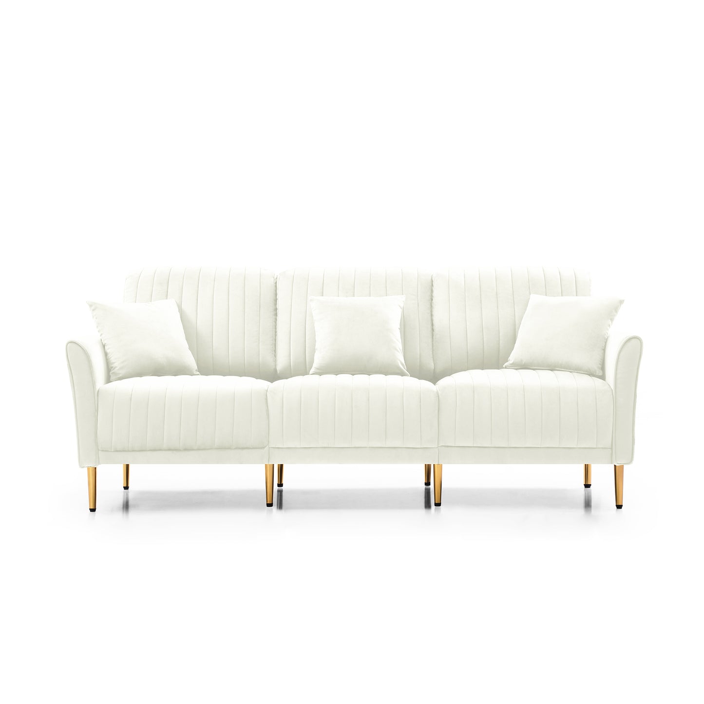 Contemporary Velvet Upholstered 3 Seater Sofa with Deep Channel Tufting and Gold Metal Legs, Cream: Luxurious Cream Velvet Sofa with Deep Tufting and Gold Metal Legs for Elegant Living Spaces