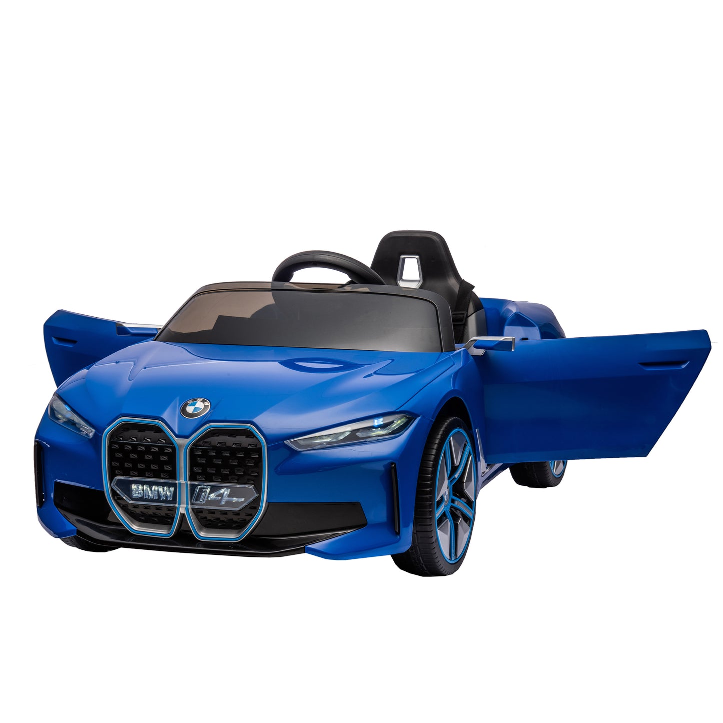 Licensed BMW I4, 12v Kids Ride-On Car with Remote Control - Electric Car for Kids, Three-Speed Adjustable, Power Display, USB, MP3, Bluetooth, LED Light, Two-Point Safety Belt, Story - Black