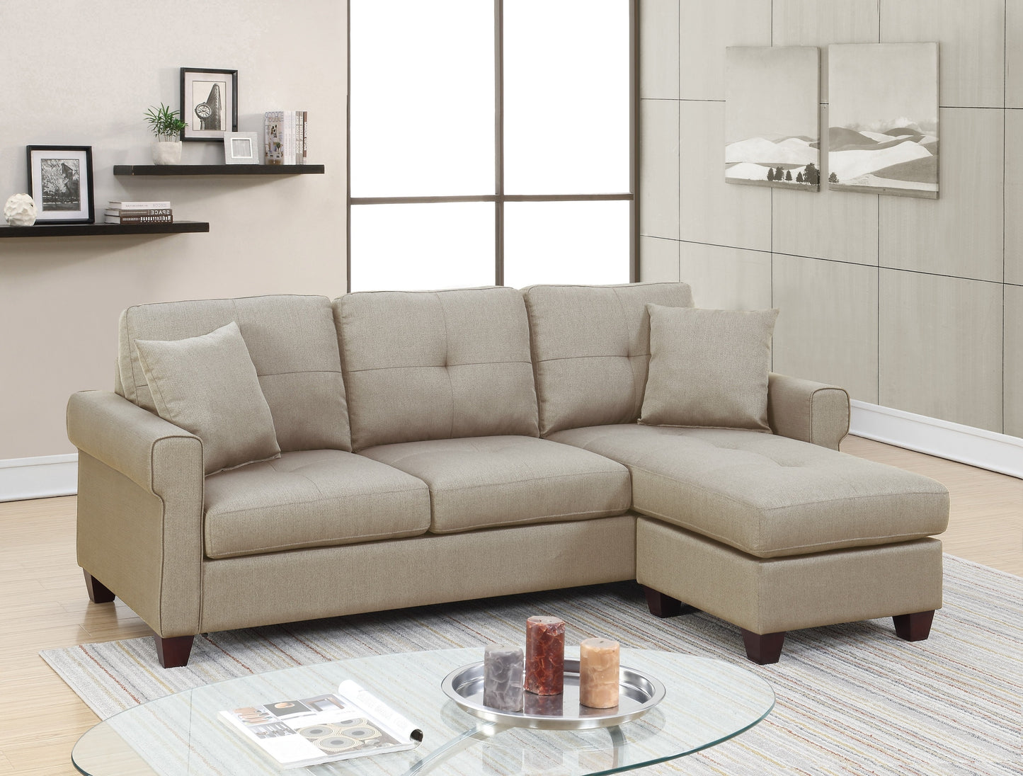 Beige Glossy Polyfiber Tufted Cushion Couch Sectional Sofa Chaise - Reversible Living Room Furniture with Unique Sectionals Chaise, Size Options Available