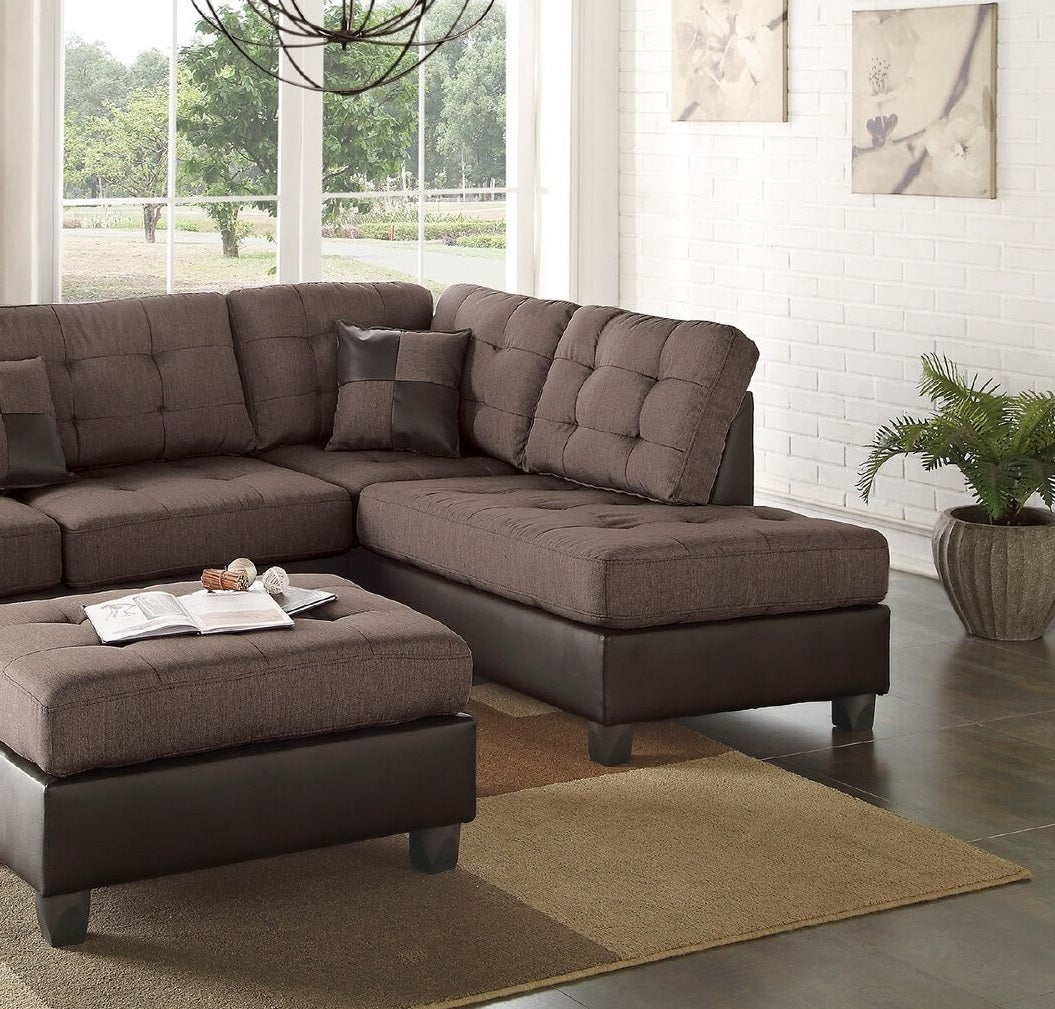 Sectional Sofa Chocolate Polyfiber Cushion Tufted Reversible 3pc Sectional Sofa, Chaise Ottoman Living Room Furniture