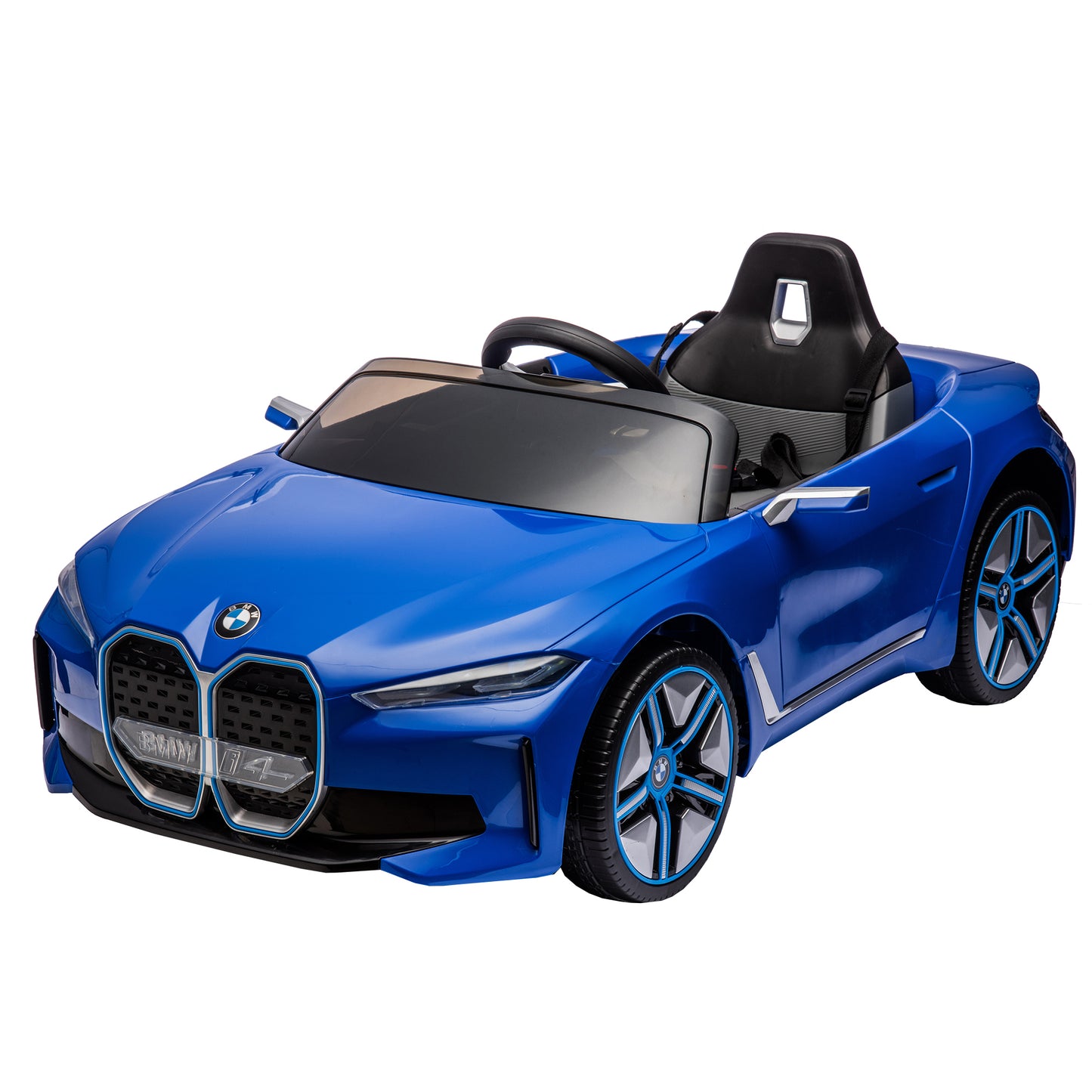 Licensed BMW I4, 12v Kids Ride-On Car with Remote Control - Electric Car for Kids, Three-Speed Adjustable, Power Display, USB, MP3, Bluetooth, LED Light, Two-Point Safety Belt, Story - Black