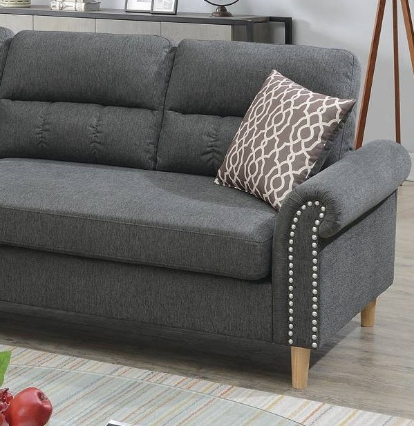 Slate Color Polyfiber Reversible Sectional Sofa Set with Chaise, Pillows, Plush Cushion, and Nailheads - Comfortable and Stylish Couch for Your Living Space