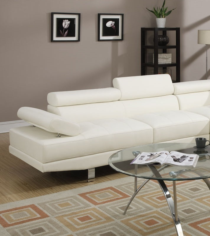 White Faux Leather Sectional Living Room Furniture with Adjustable Headrest - Right Facing Chaise & Left Facing Sofa (Color: White, Size: Sectional)