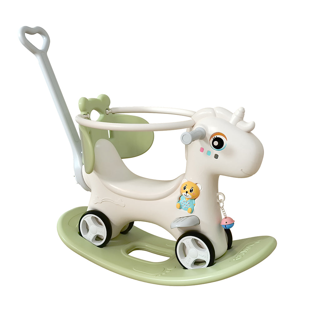 Rocking Horse for Toddlers, Balance Bike Ride On Toys with Push Handle, Backrest, and Balance Board - Unicorn Kids Green Color.