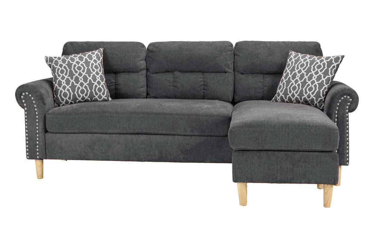 Slate Color Polyfiber Reversible Sectional Sofa Set with Chaise, Pillows, Plush Cushion, and Nailheads - Comfortable and Stylish Couch for Your Living Space