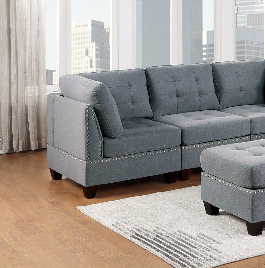 Modular Sofa Set 6pc Living Room Furniture Loveseat Couch Gray Linen Fabric 4x Corner Wedge 1x Armless Chair 1x Ottoman