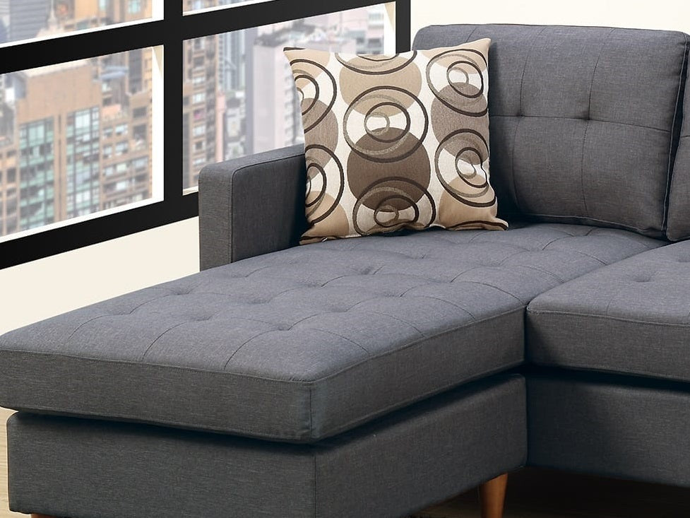 Blue Grey Polyfiber Sectional Sofa: Reversible Chaise, Tufted Back, Modular.