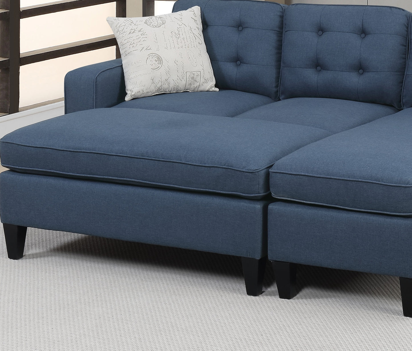 Reversible Navy Tufted 3pc Sectional Sofa Set with Wood Legs, Chaise, Ottoman, Pillows, and Cushion Couch