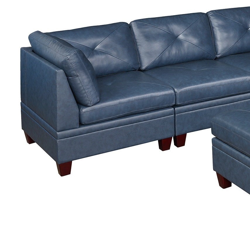 Genuine Leather Ink Blue Tufted 6pc Sectional Set - Corner Wedge & Armless Chair - Living Room Furniture Sofa Couch