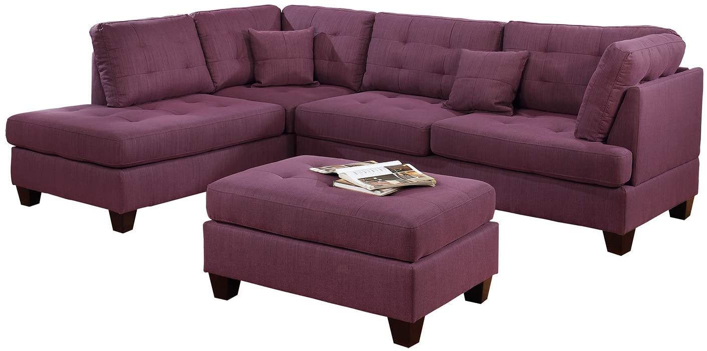 Living Room Furniture: Reversible Sectional Sofa, Warm Purple 3pc Set, Polyfiber Couch