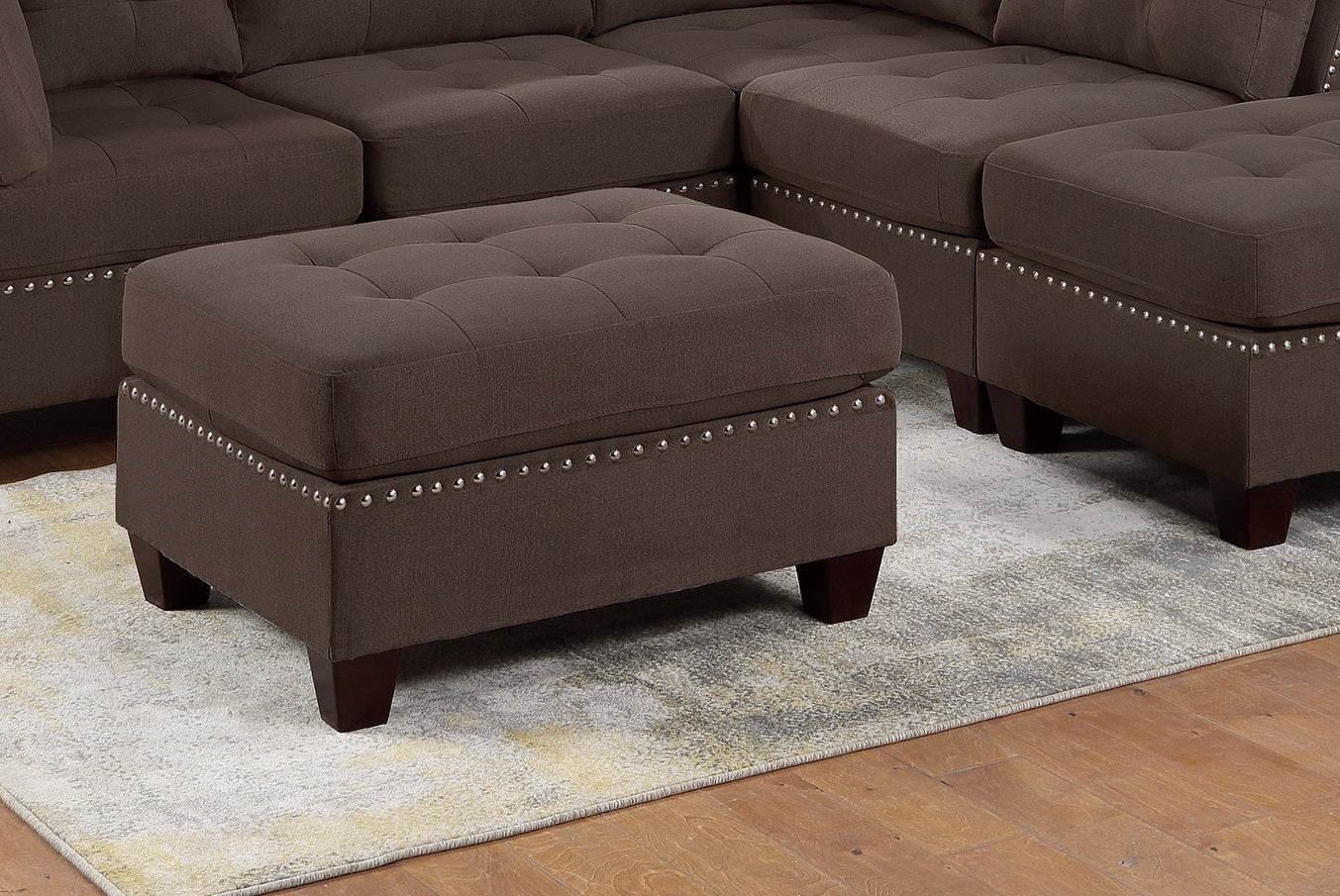 Modular 6pc Living Room Furniture Set: L-Sectional Sofa in Black Coffee Linen-Like Fabric, Tufted Nailheads, 2x Corner Wedge, 2x Armless Chairs, and 2x Ottomans