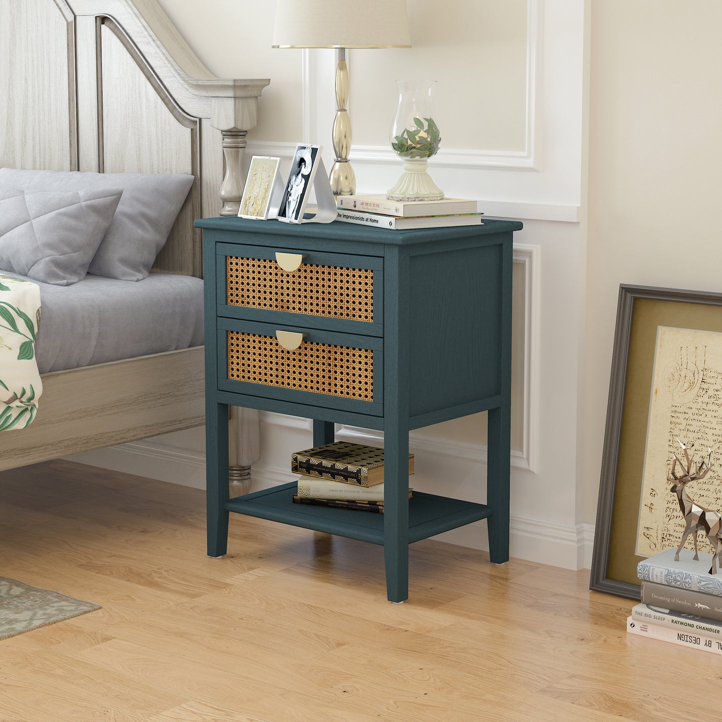 2 Drawer Side Table Nightstand Natural Rattan End Table for Bedroom