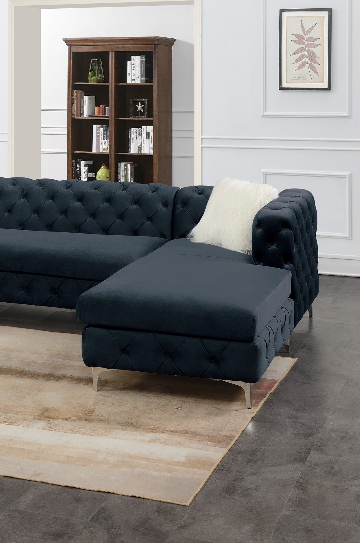 Gorgeous Living Room U-Sectional Black Velvet Tufted Cushion Couch with LAF and RAF Chaise and Armless Loveseat