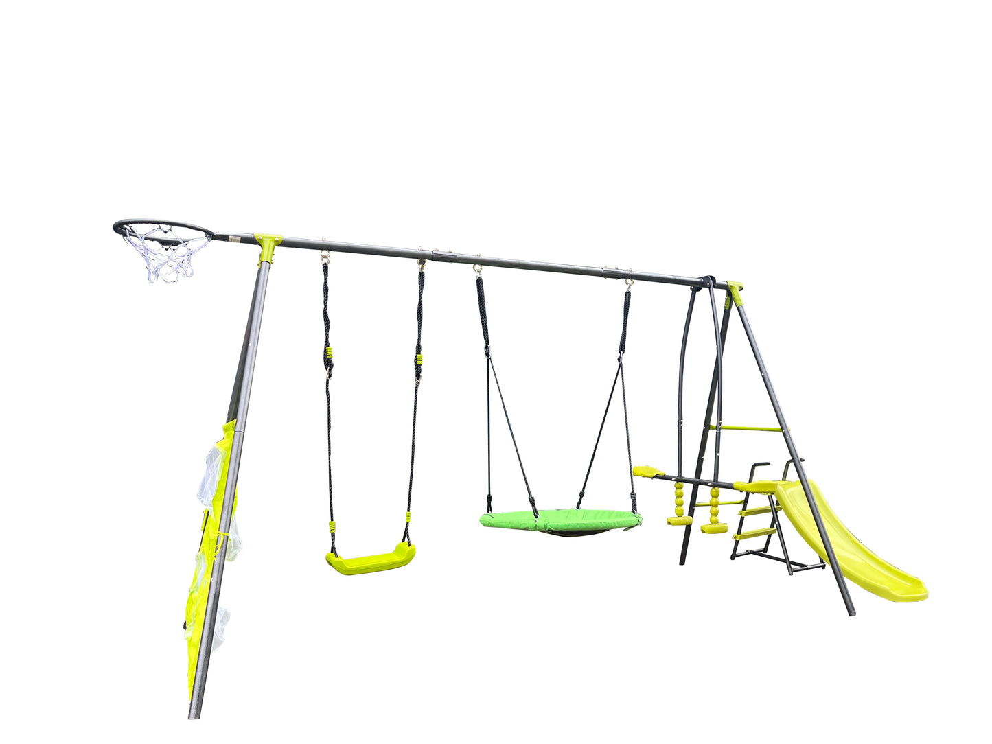 XNS052 Green and Blue Six Function Swingset with Net Swing - 440lbs Capacity - Outdoor Playground for Age 3+ - 31.5in Net Swing