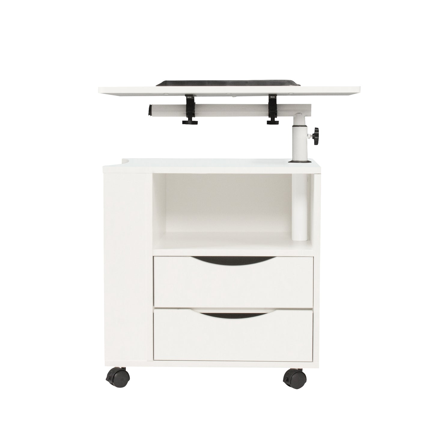 Height Adjustable Overbed End Table Wooden Nightstand with Swivel Top, Storage Drawers, Wheels and Open Shelf,(White)