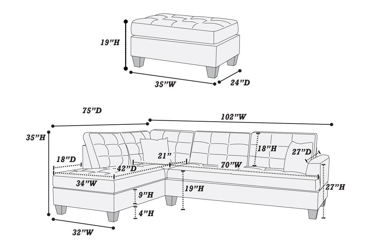 Sectional Sofa Chocolate Polyfiber Cushion Tufted Reversible 3pc Sectional Sofa, Chaise Ottoman Living Room Furniture