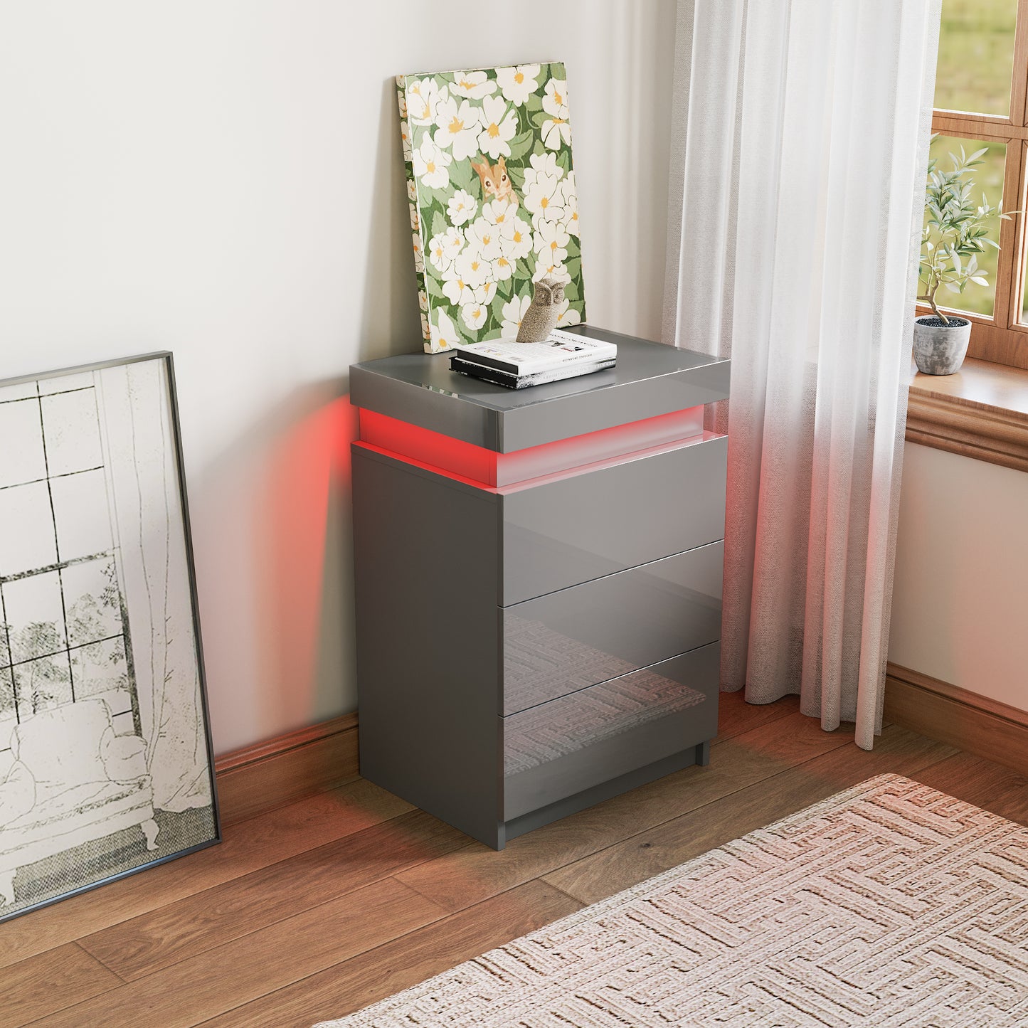 Modern High gloss UV Night Stand with 3 drawers & LED lights