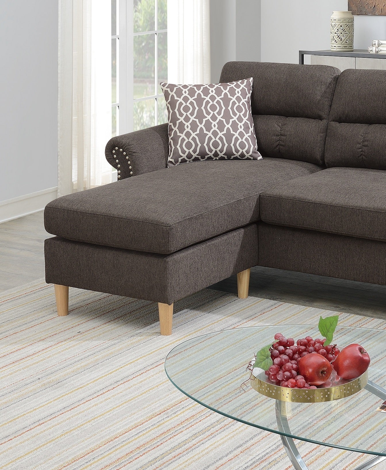 Tan Polyfiber Reversible Sectional Sofa Set with Chaise, Pillows, Plush Cushion, and Nailheads - Comfortable and Stylish Couch