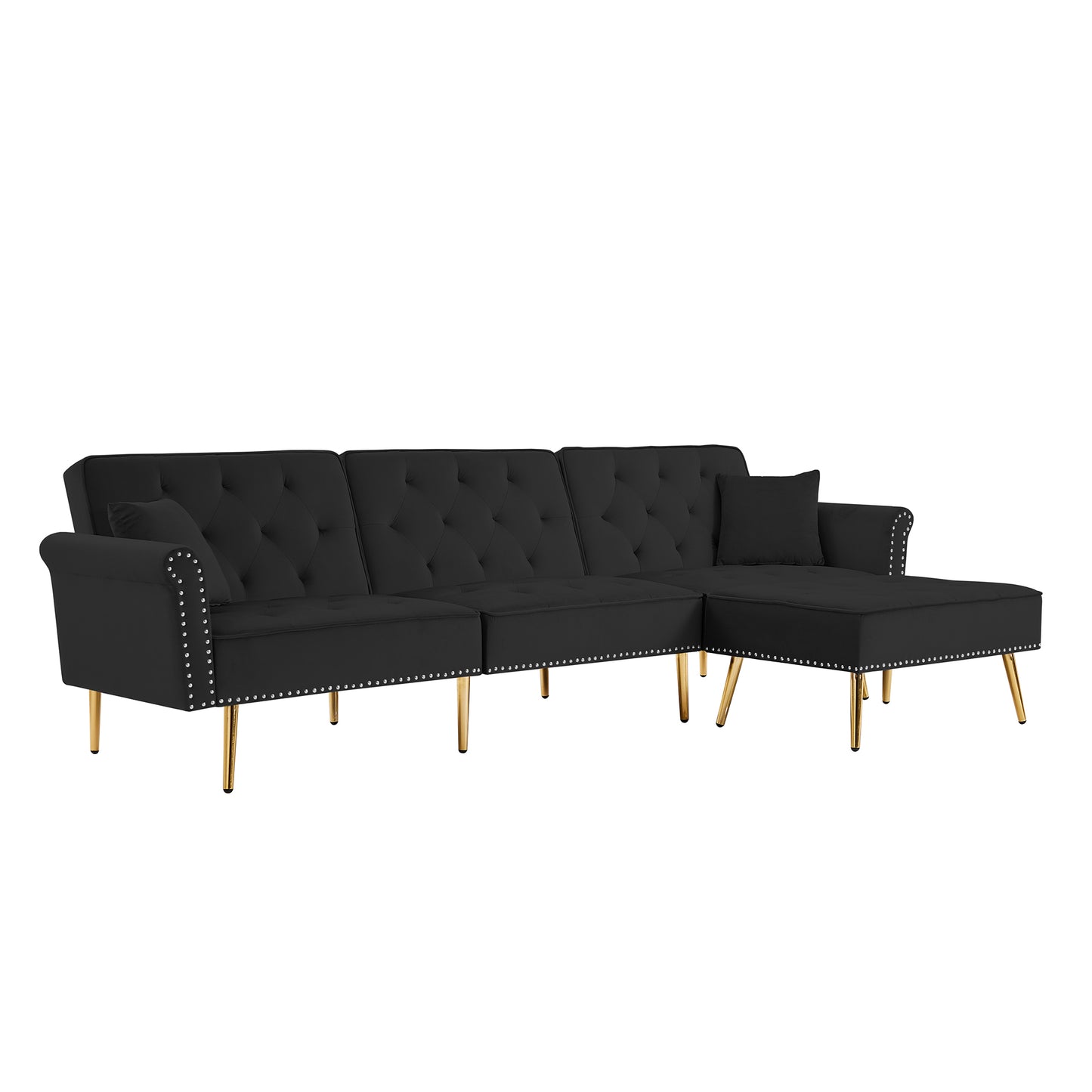 Modern Velvet Upholstered Reversible Sectional Sofa Bed: L-Shaped Couch with Movable Ottoman, Nailhead Trim for Living Room - Black