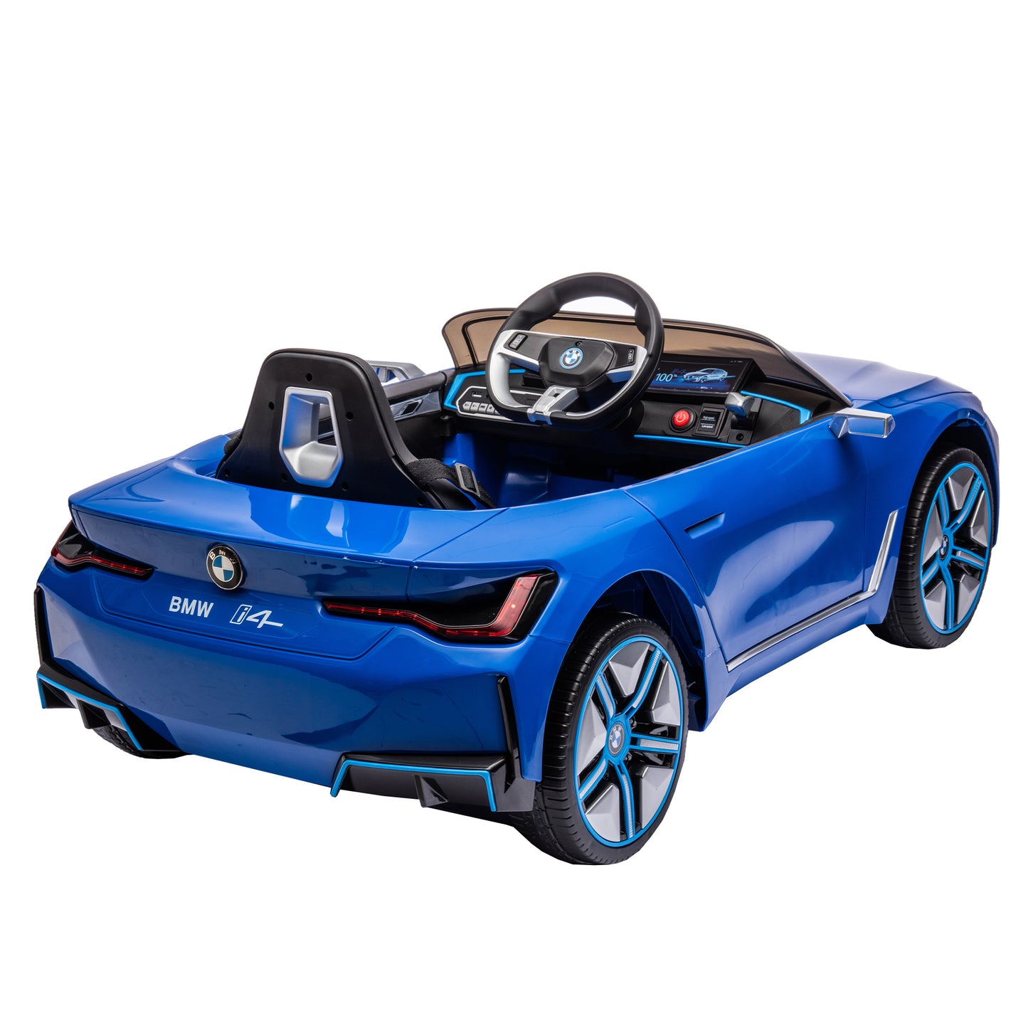 Licensed BMW I4, 12v Kids Ride-On Car with Remote Control - Electric Car for Kids, Three-Speed Adjustable, Power Display, USB, MP3, Bluetooth, LED Light, Two-Point Safety Belt, Story - Black