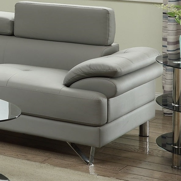 Living Room Furniture: Sectional Sofa 2pc Set, Grey Faux Leather, Flip-up Headrest