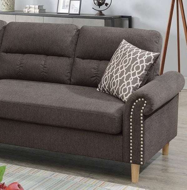 Tan Polyfiber Reversible Sectional Sofa Set with Chaise, Pillows, Plush Cushion, and Nailheads - Comfortable and Stylish Couch