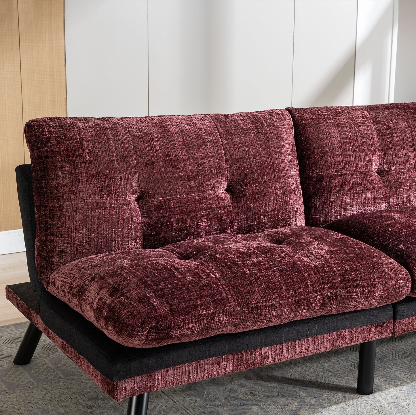 Convertible Sofa Bed Loveseat Futon: Adjustable Lounge Couch, Metal Legs, Chenille Wine Red