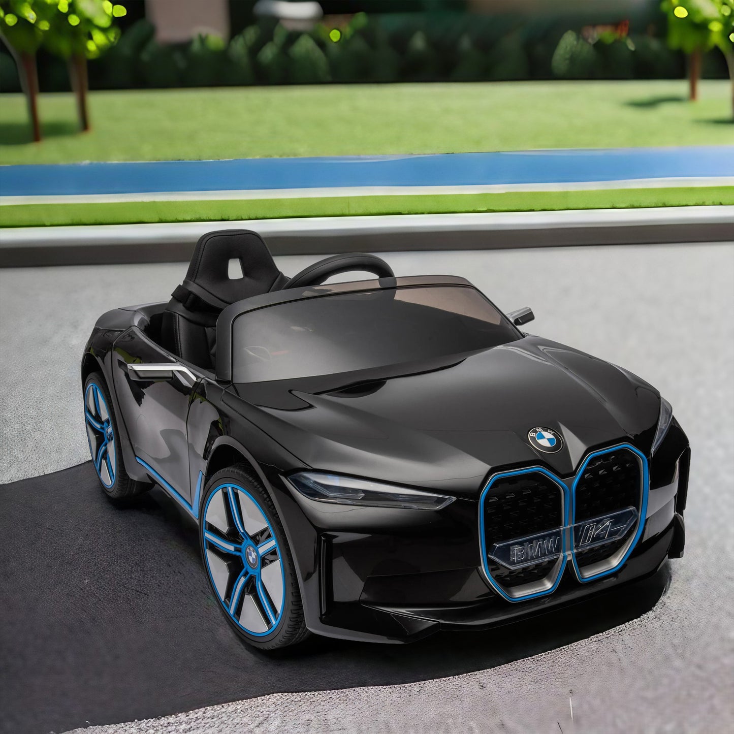 Licensed BMW I4, 12V Kids Ride On Car - 2.4G Remote Control, Electric Car for Kids - Three-Speed Adjustable, Power Display, USB, MP3, Bluetooth - LED Light, Two-Point Safety Belt, Story - Red