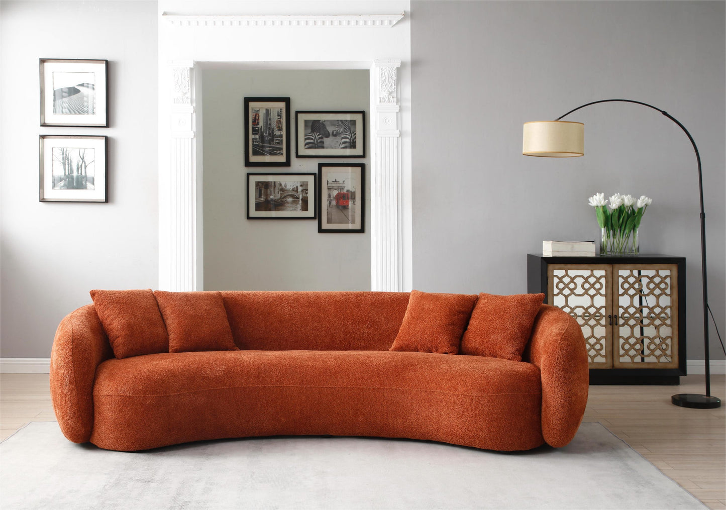 102'' 5-Seater Boucle Sofa: Modern Sectional, Half Moon Leisure Couch, Curved Sofa, Teddy Fleece, Orange