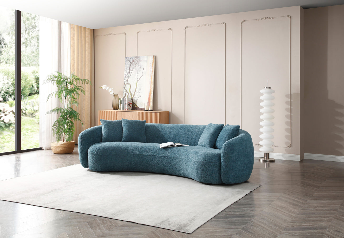 102'' Boucle Sofa Modern Sectional Half Moon Leisure Couch Curved Sofa in Teddy Fleece Velet - Blue