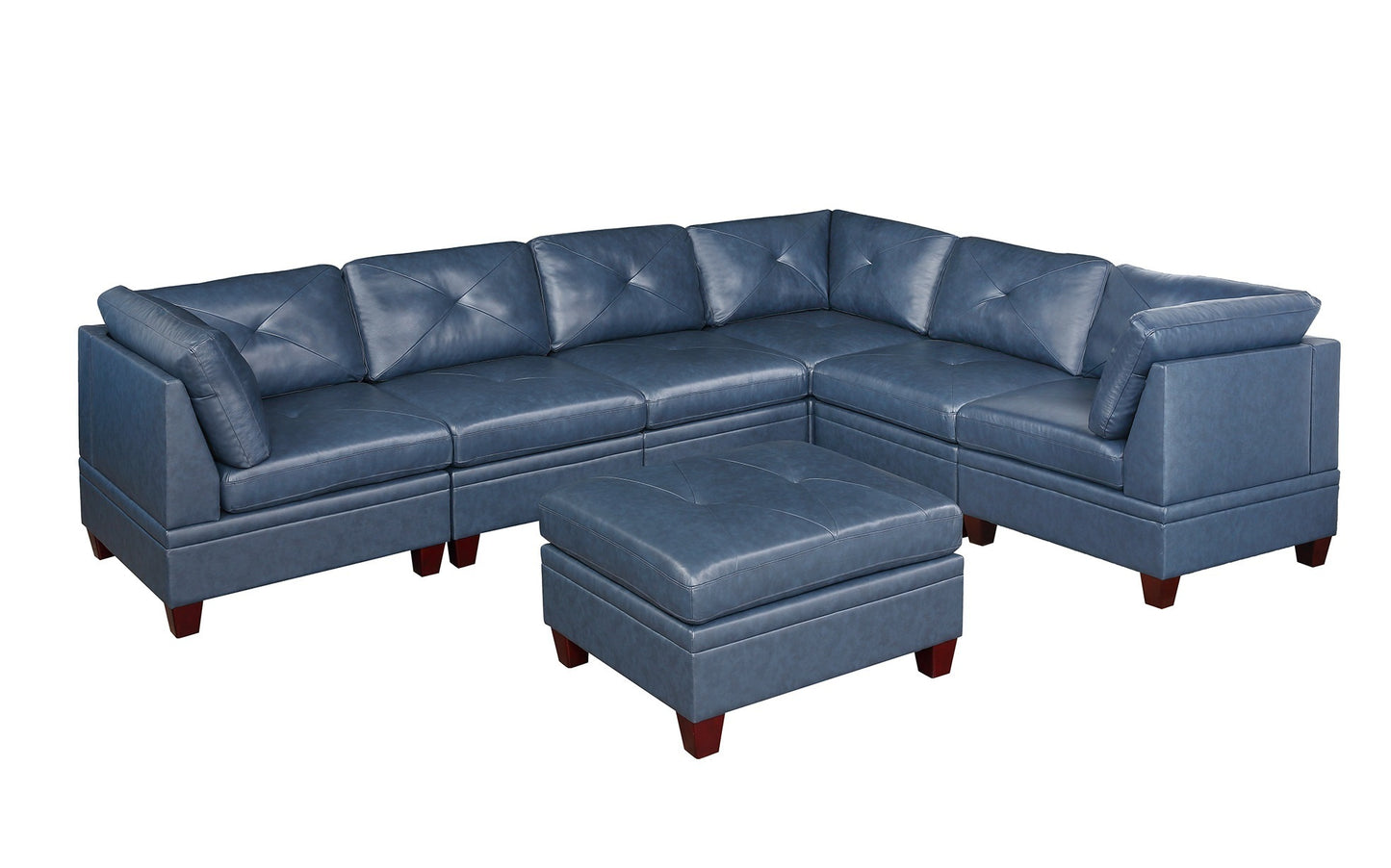 Genuine Leather Ink Blue Tufted 6pc Sectional Set - Corner Wedge & Armless Chair - Living Room Furniture Sofa Couch