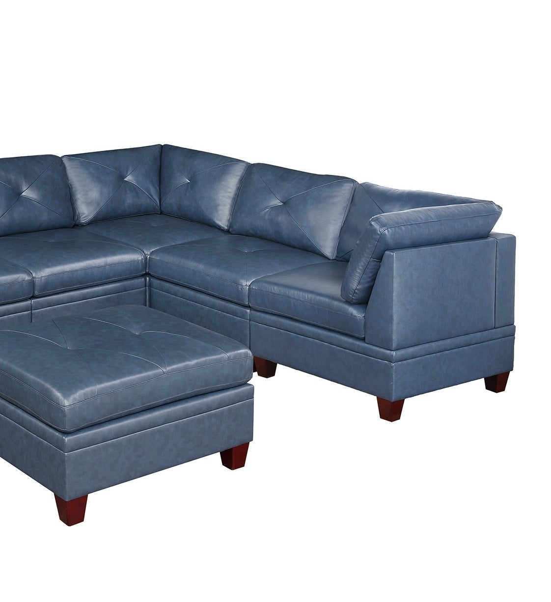 Genuine Leather Ink Blue Tufted 6pc Sectional Set - Corner Wedge & Armless Chair - Living Room Furniture Sofa Couch