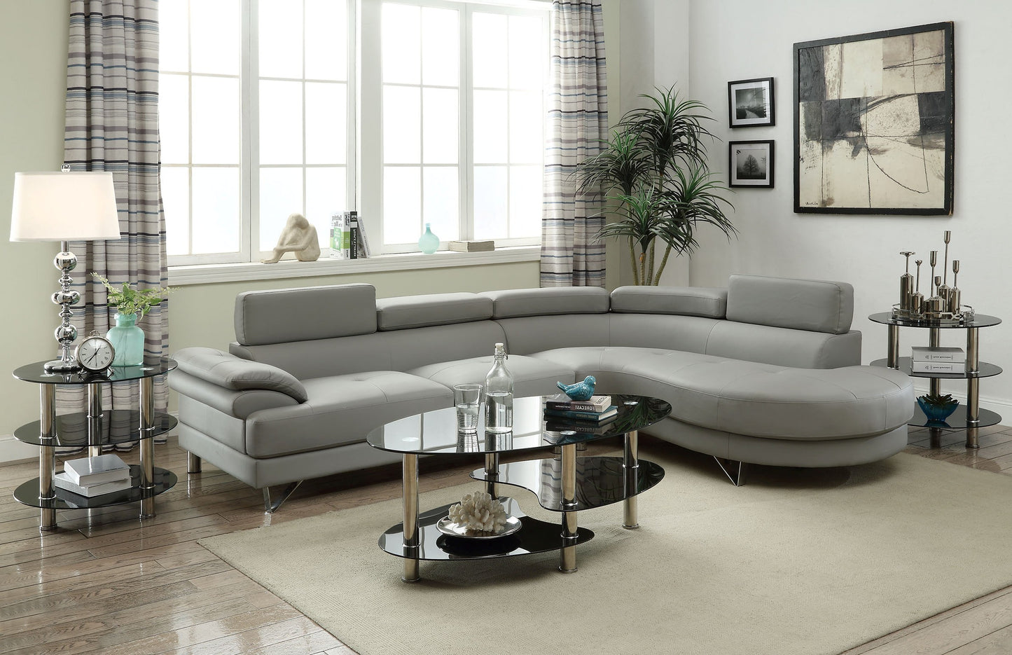 Living Room Furniture: Sectional Sofa 2pc Set, Grey Faux Leather, Flip-up Headrest